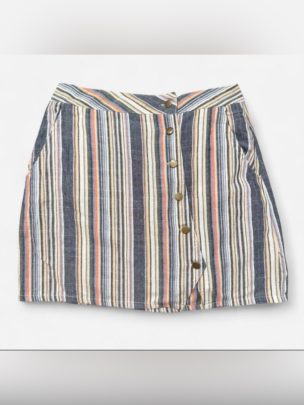 Altar'd State Navy, Cream & Coral Striped Button-Front Mini Skirt